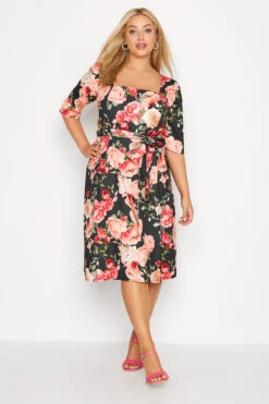 YOURS LONDON Curve Black Floral Print Square Neck Dress