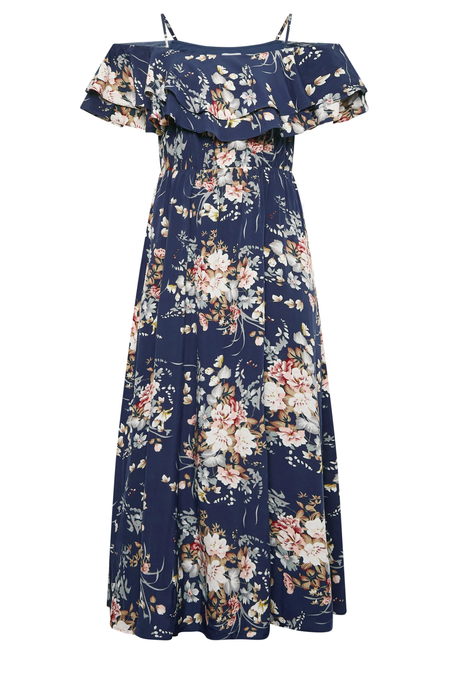 YOURS LONDON Curve Navy Blue Floral Ruffle Bardot Maxi Dress 5 YOURS LONDON Curve Navy Blue Floral Ruffle Bardot Maxi Dress - Image 5