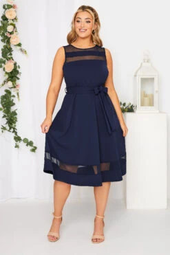 YOURS LONDON Curve Navy Blue Mesh Panel Skater Dress