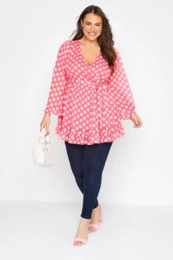 YOURS LONDON Curve Pink Polka Dot Ruffle Wrap Top