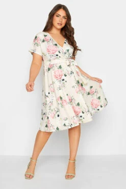 YOURS LONDON Curve Ivory White Floral Wrap Skater Dress