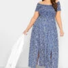 YOURS Curve Cobalt Blue Ditsy Print Shirred Bardot Maxi Dress