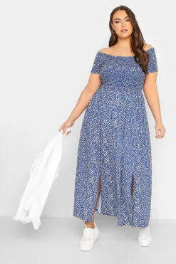 YOURS Curve Cobalt Blue Ditsy Print Shirred Bardot Maxi Dress