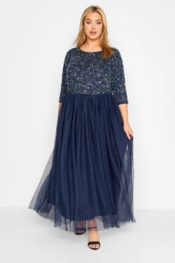 LUXE Curve Navy Blue Sequin Hand Embellished Maxi Dress