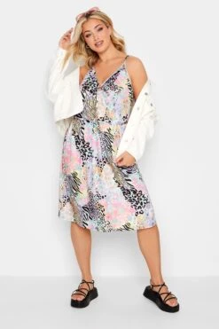 LIMITED COLLECTION Curve Pink Mixed Print Ring Front Midi Dress