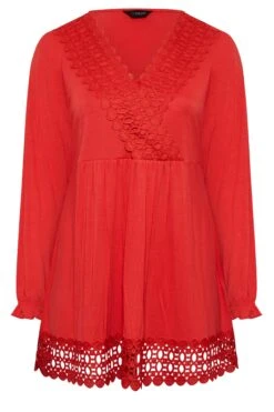 YOURS Curve Red Crochet Long Sleeve Tunic Top -Saga Dresses Shop 20373dd9 e3ea 43 320480 X