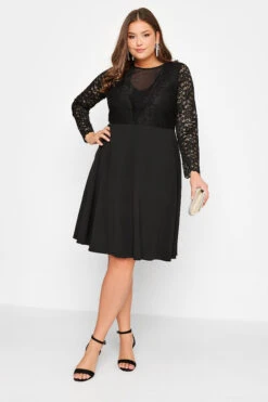 YOURS LONDON Curve Black Lace Plunge Skater Dress