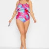 YOURS Curve Pink Swirl Print Frill Chain Tummy Control Swimsuit