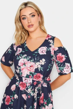 YOURS LONDON Curve Navy Blue Floral Cold Shoulder Skater Dress -Saga Dresses Shop 22e55cb4 060c 42 162148 D