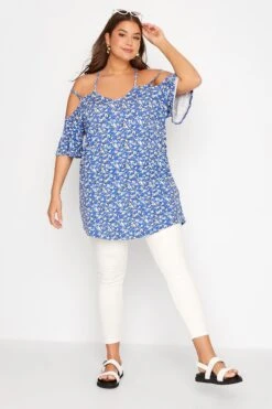 YOURS Curve Blue Floral Strappy Cold Shoulder Top