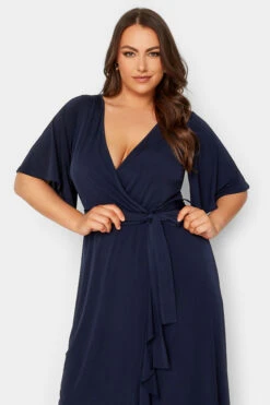 YOURS LONDON Curve Navy Blue Short Sleeve Ruffle Wrap Maxi Dress -Saga Dresses Shop 232330f5 334a 43 162143 D