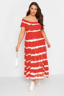 YOURS Curve Red Tie Dye Bardot Maxi Dress