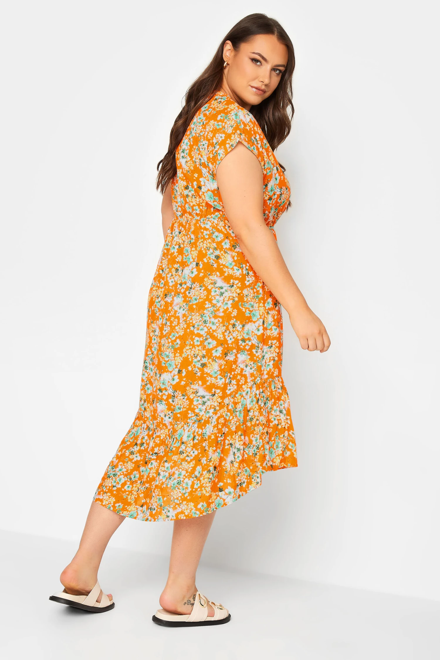 YOURS Curve Orange Floral Print High Low Wrap Dress 2 YOURS Curve Orange Floral Print High Low Wrap Dress - Image 2