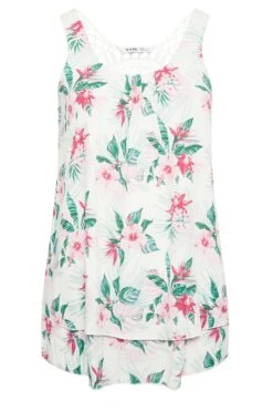 YOURS Curve White Tropical Print Crinkle Crochet Back Vest Top -Saga Dresses Shop 24a635ff f2bd 4a 131843 X
