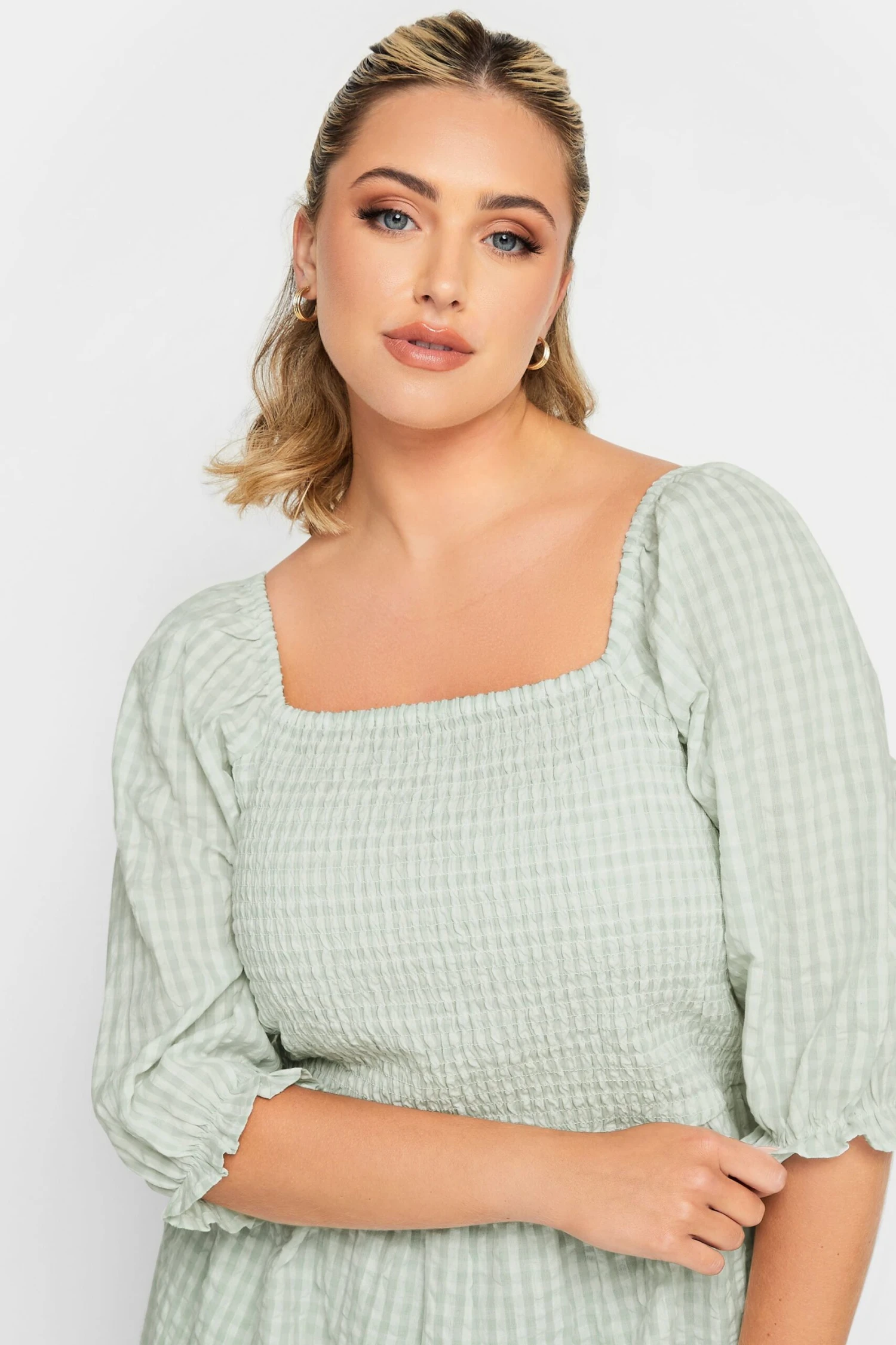 YOURS Curve Mint Green Gingham Print Square Neck Shirred Top 3 YOURS Curve Mint Green Gingham Print Square Neck Shirred Top - Image 3