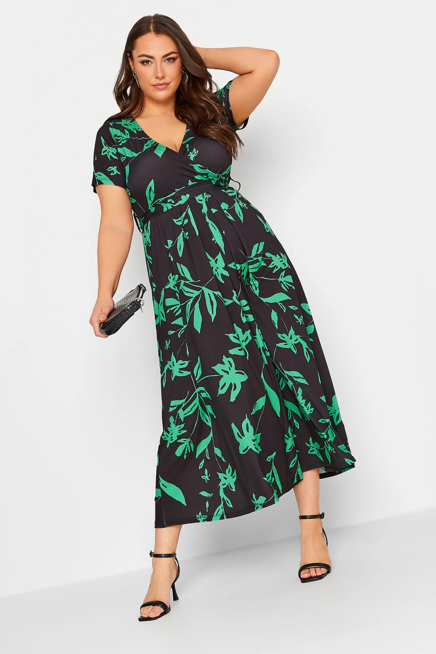 YOURS Curve Green V-Neck Floral Wrap Dress 1 YOURS Curve Green V-Neck Floral Wrap Dress