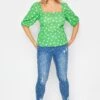 YOURS PETITE Curve Green Daisy Print Square Neck Top