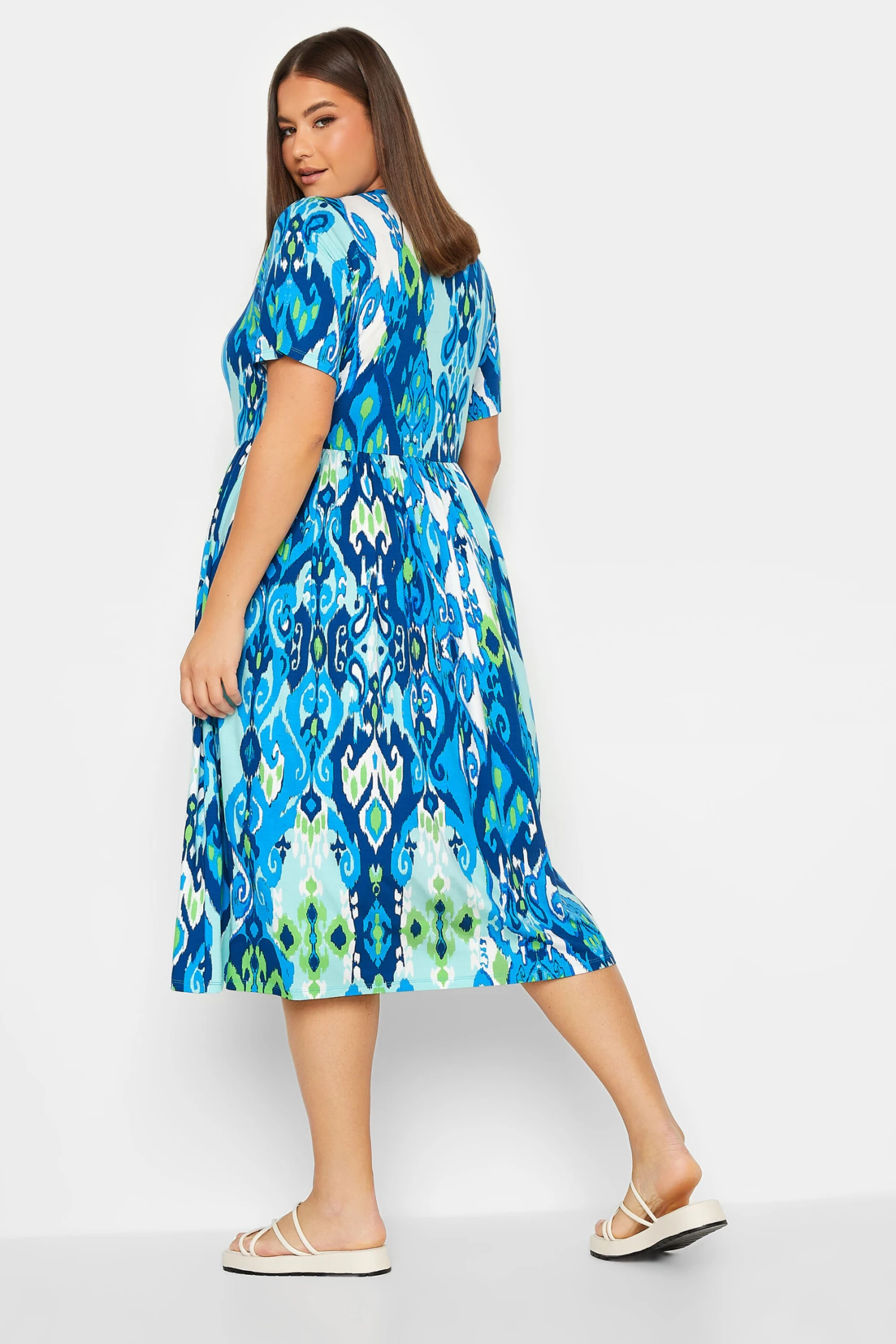 YOURS Curve Blue Abstract Print Frill Sleeve Smock Dress 3 YOURS Curve Blue Abstract Print Frill Sleeve Smock Dress - Image 3