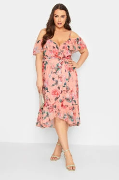 YOURS LONDON Curve Pink Cold Shoulder Floral Wrap Dress
