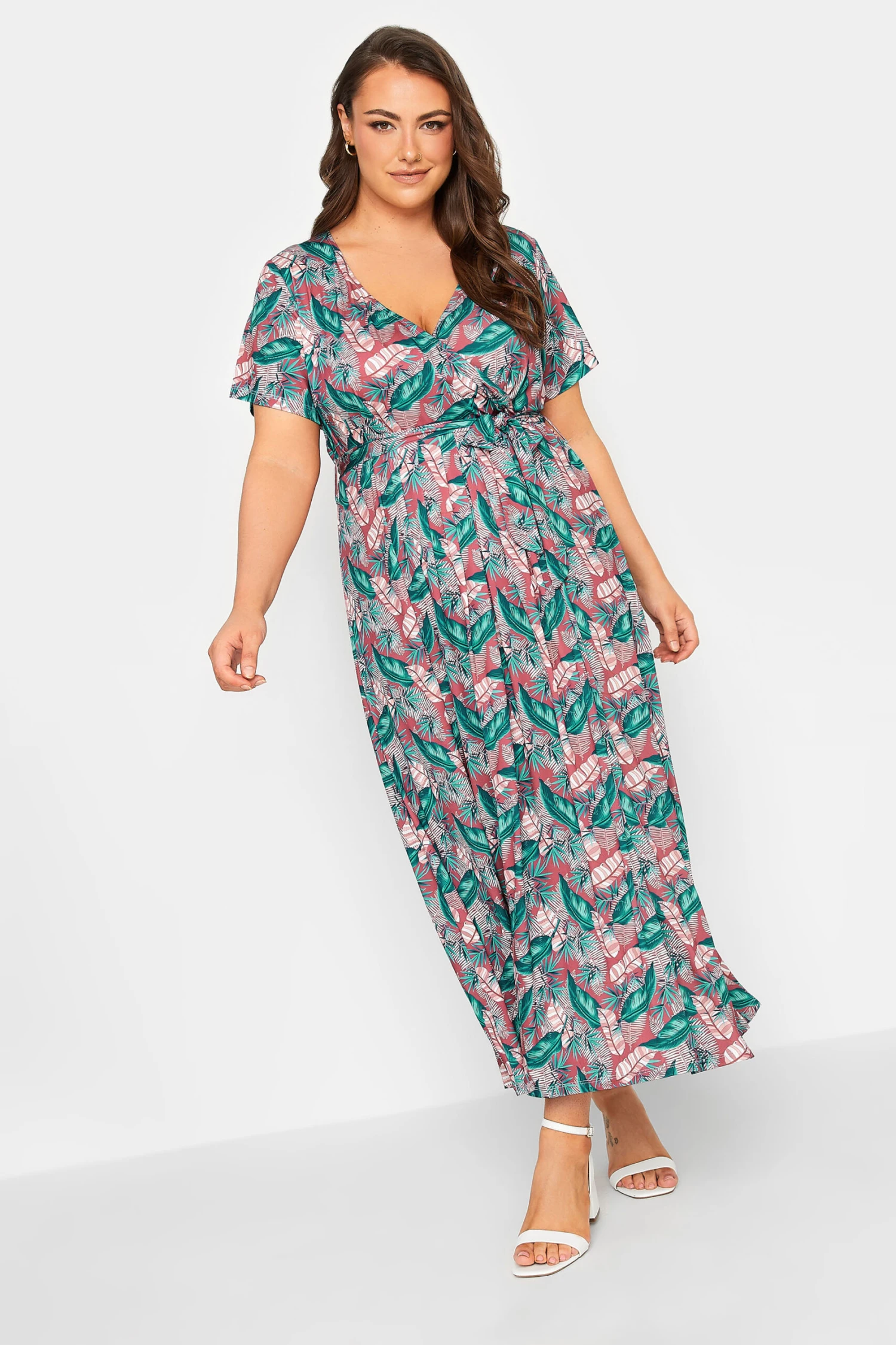 YOURS Curve Pink Leaf Print Maxi Wrap Dress 1 YOURS Curve Pink Leaf Print Maxi Wrap Dress