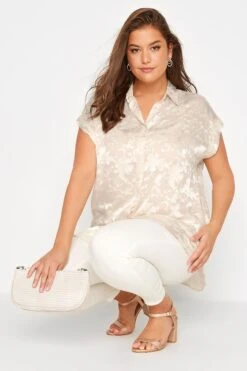 YOURS Curve Cream Satin Leaf Print Shirt -Saga Dresses Shop 294c5a79 7ec3 40 173860 D