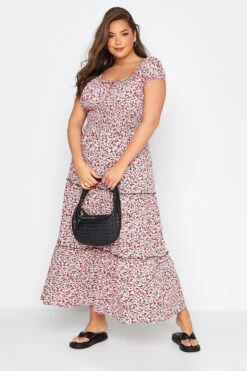 Curve White & Orange Ditsy Print Bardot Maxi Dress