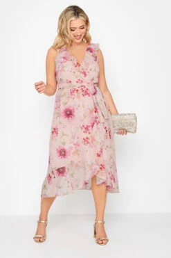 YOURS LONDON Curve Pink Floral Print Double Ruffle Wrap Dress