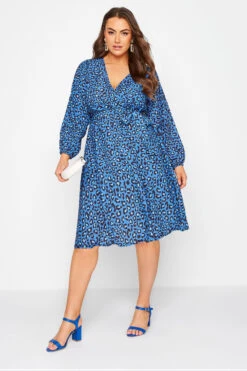 YOURS LONDON Curve Blue Leopard Print Wrap Dress