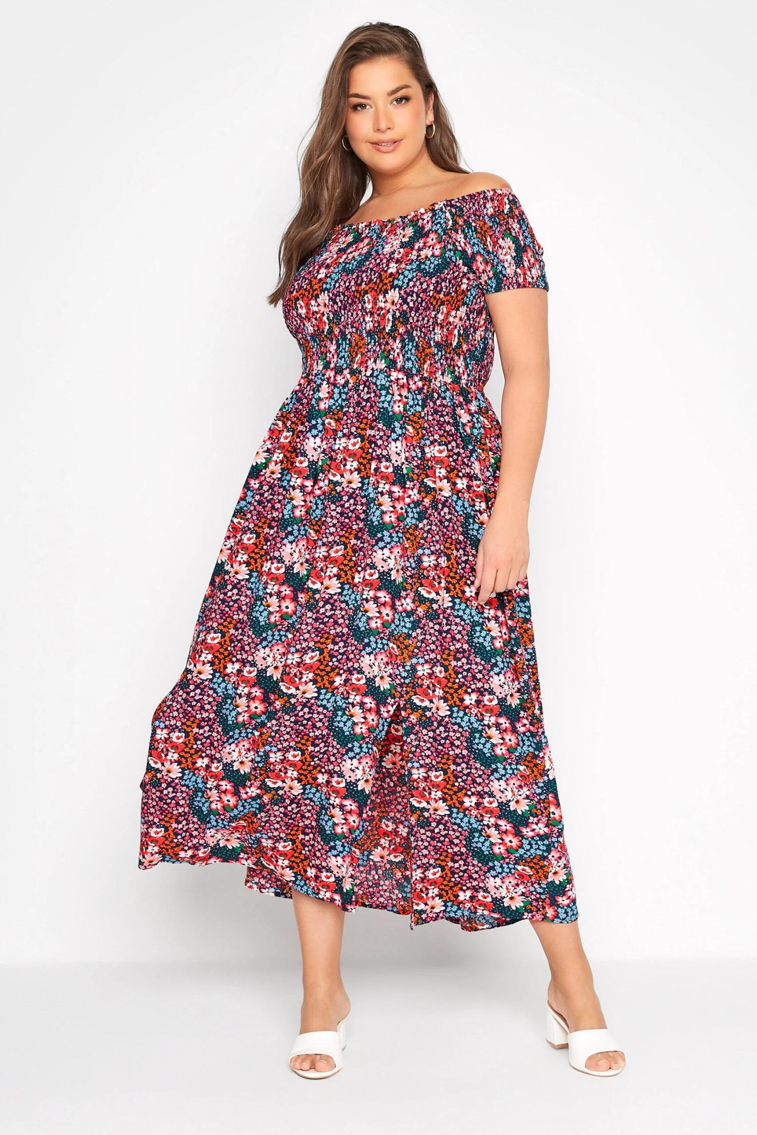 YOURS Curve Pink Floral Print Bardot Maxi Dress 1 YOURS Curve Pink Floral Print Bardot Maxi Dress