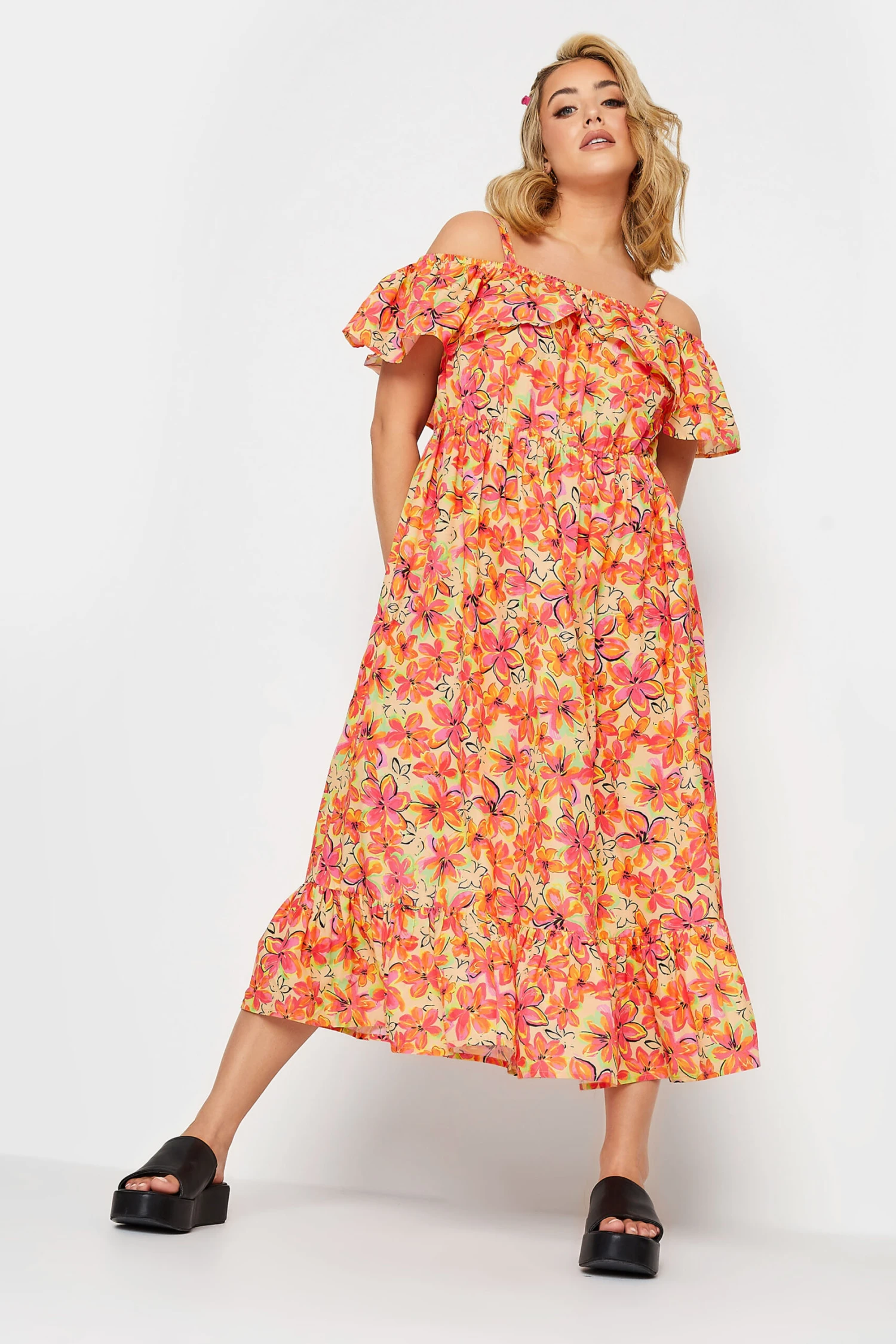 LIMITED COLLECTION Curve Orange Floral Frill Cold Shoulder Midi Dress 1 LIMITED COLLECTION Curve Orange Floral Frill Cold Shoulder Midi Dress