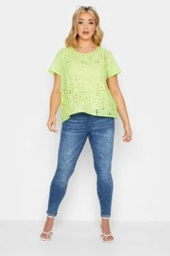 YOURS PETITE Curve Lime Green Broderie Anglaise Short Sleeve Top