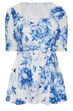 YOURS LONDON Curve White & Blue Floral Print Peplum Top -Saga Dresses Shop 2f0c89da b3e4 45 162092 X