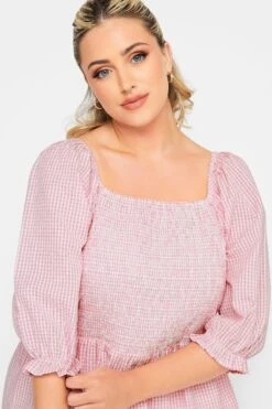 YOURS Curve Pink Gingham Print Square Neck Shirred Top -Saga Dresses Shop 2f479ee9 c8a5 48 330072 D