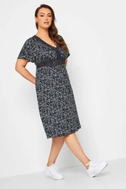 YOURS Curve Navy Blue Leaf Print Lace Detail Dress