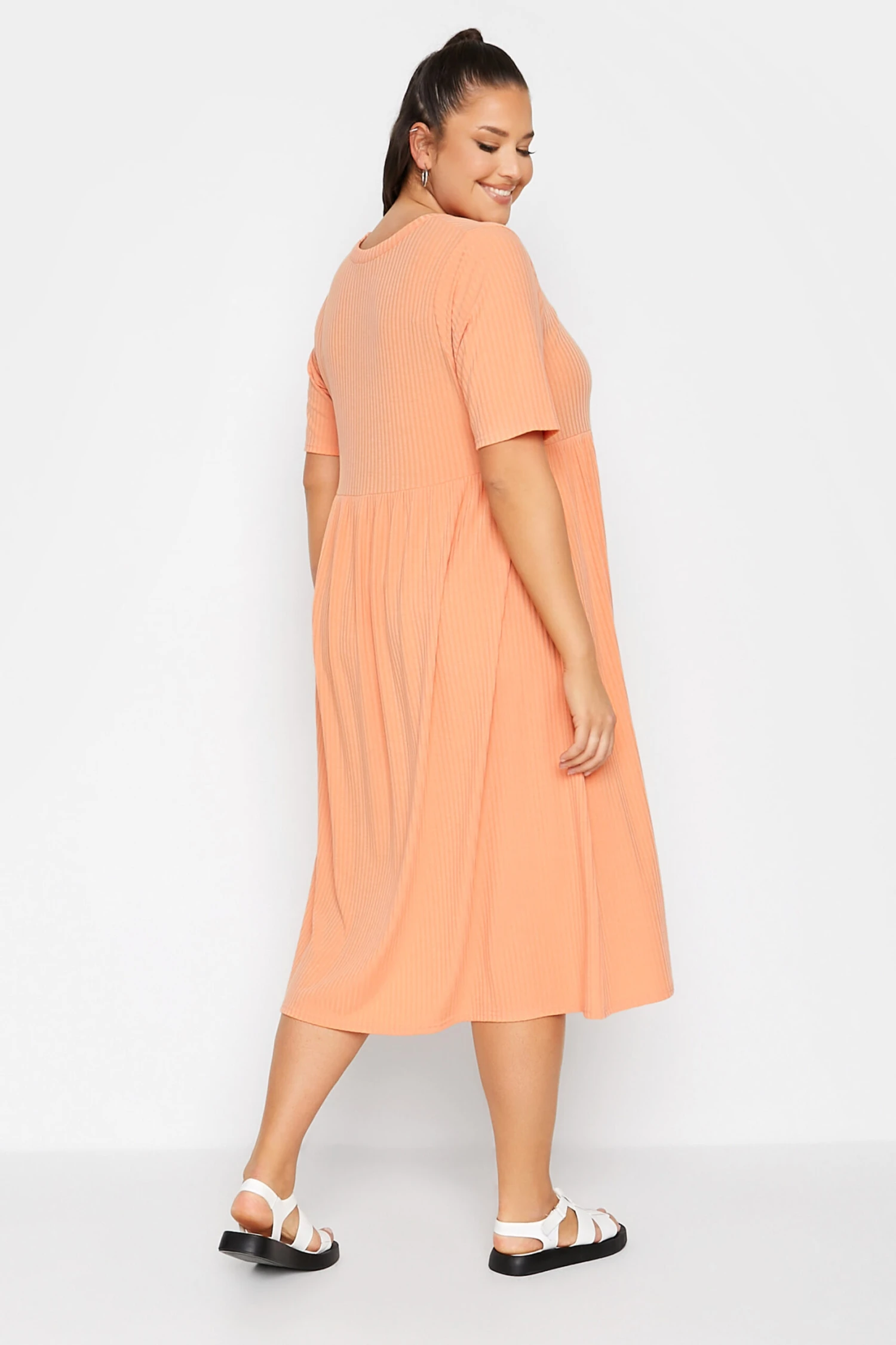 LIMITED COLLECTION Curve Light Orange Ribbed Peplum Midi Dress 2 LIMITED COLLECTION Curve Light Orange Ribbed Peplum Midi Dress - Image 2