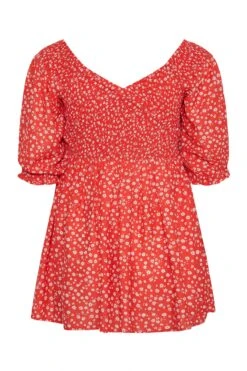 LIMITED COLLECTION Curve Red Daisy Shirred Bardot Peplum Blouse -Saga Dresses Shop 3116b1a7 0673 4e 214425 Y