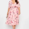 YOURS LONDON Curve Pink Angel Sleeve Floral Shirred Dress