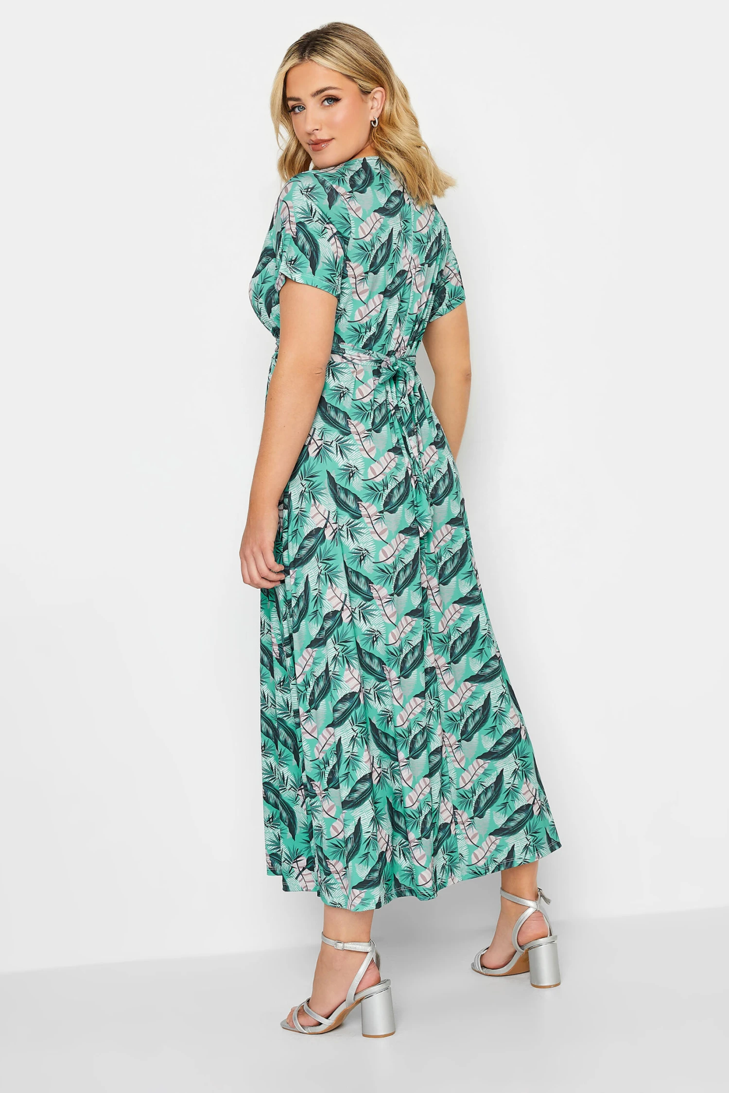 YOURS Curve Light Blue Leaf Print Maxi Wrap Dress 2 YOURS Curve Light Blue Leaf Print Maxi Wrap Dress - Image 2