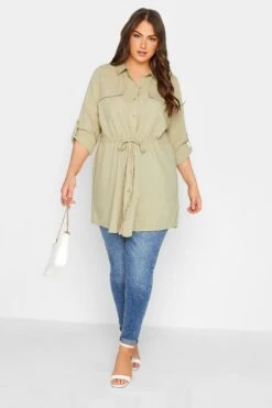 YOURS Curve Beige Brown Utility Tunic Linen Look Shirt