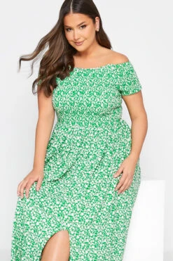 YOURS Curve Green Floral Shirred Bardot Maxi Dress 8 YOURS Curve Green Floral Shirred Bardot Maxi Dress -Saga Dresses Shop 345a3752 8269 4f 137099 D