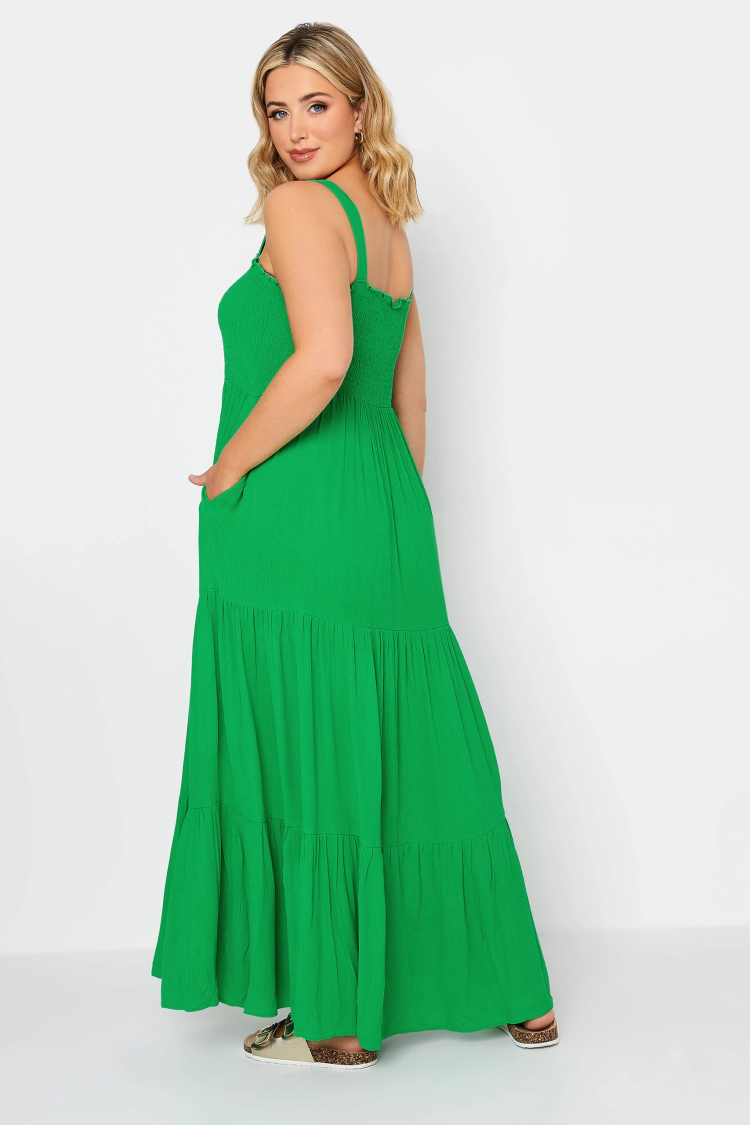 YOURS Curve Green Shirred Strappy Sundress 2 YOURS Curve Green Shirred Strappy Sundress - Image 2