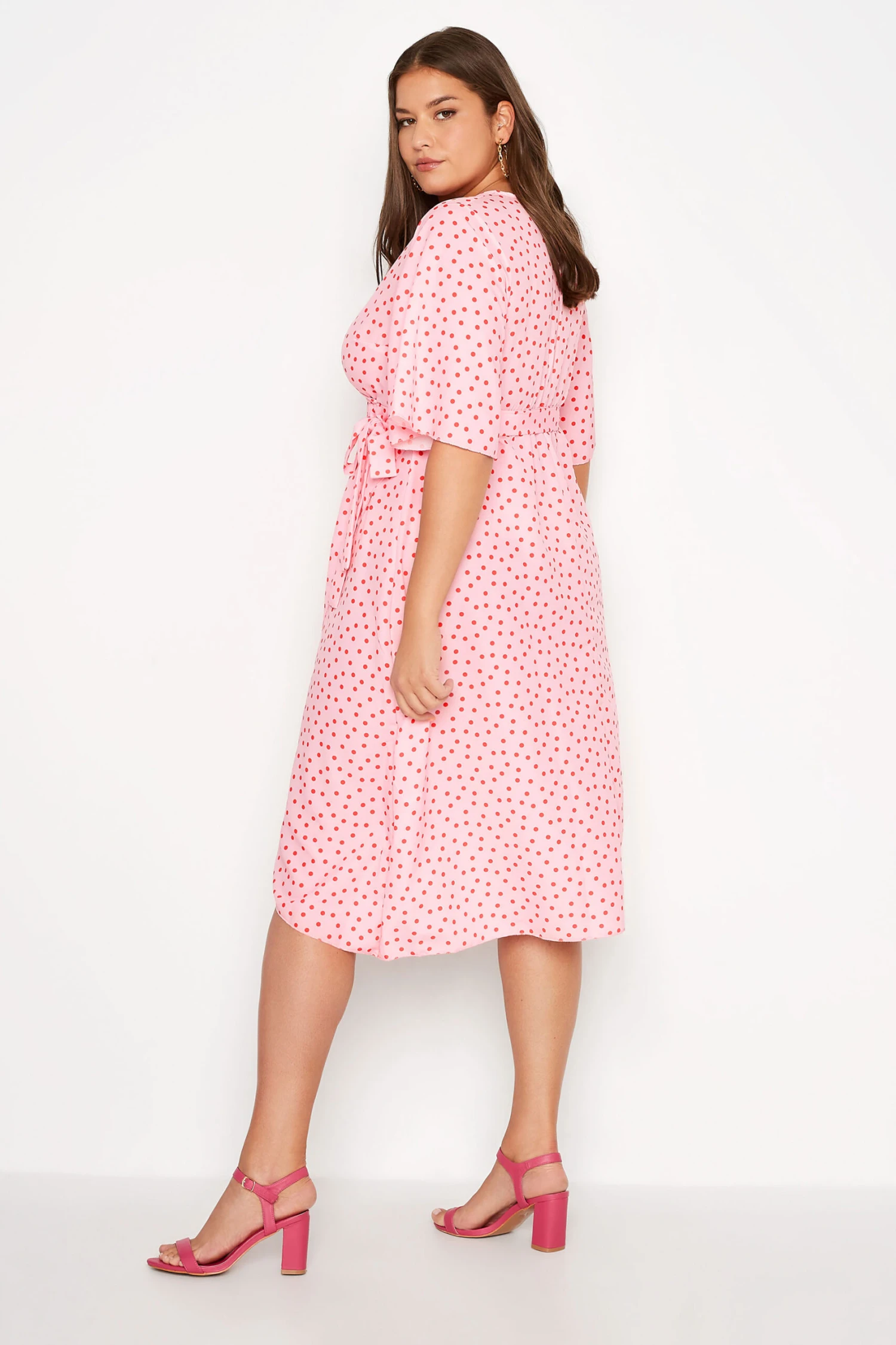 YOURS LONDON Curve Pink Polka Dot Midi Wrap Dress 2 YOURS LONDON Curve Pink Polka Dot Midi Wrap Dress - Image 2