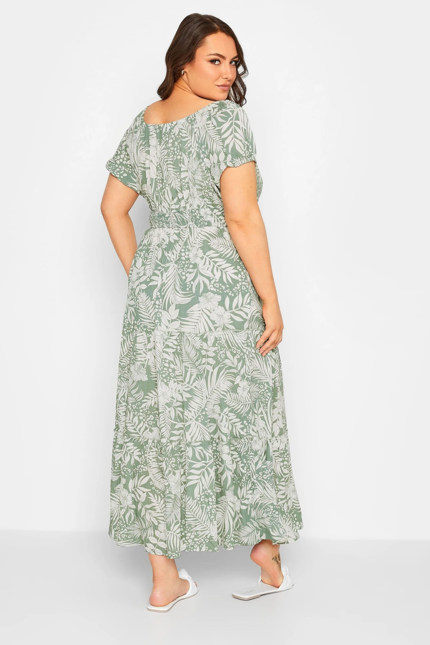 YOURS Curve Green Floral Print Bardot Maxi Dress 2 YOURS Curve Green Floral Print Bardot Maxi Dress - Image 2