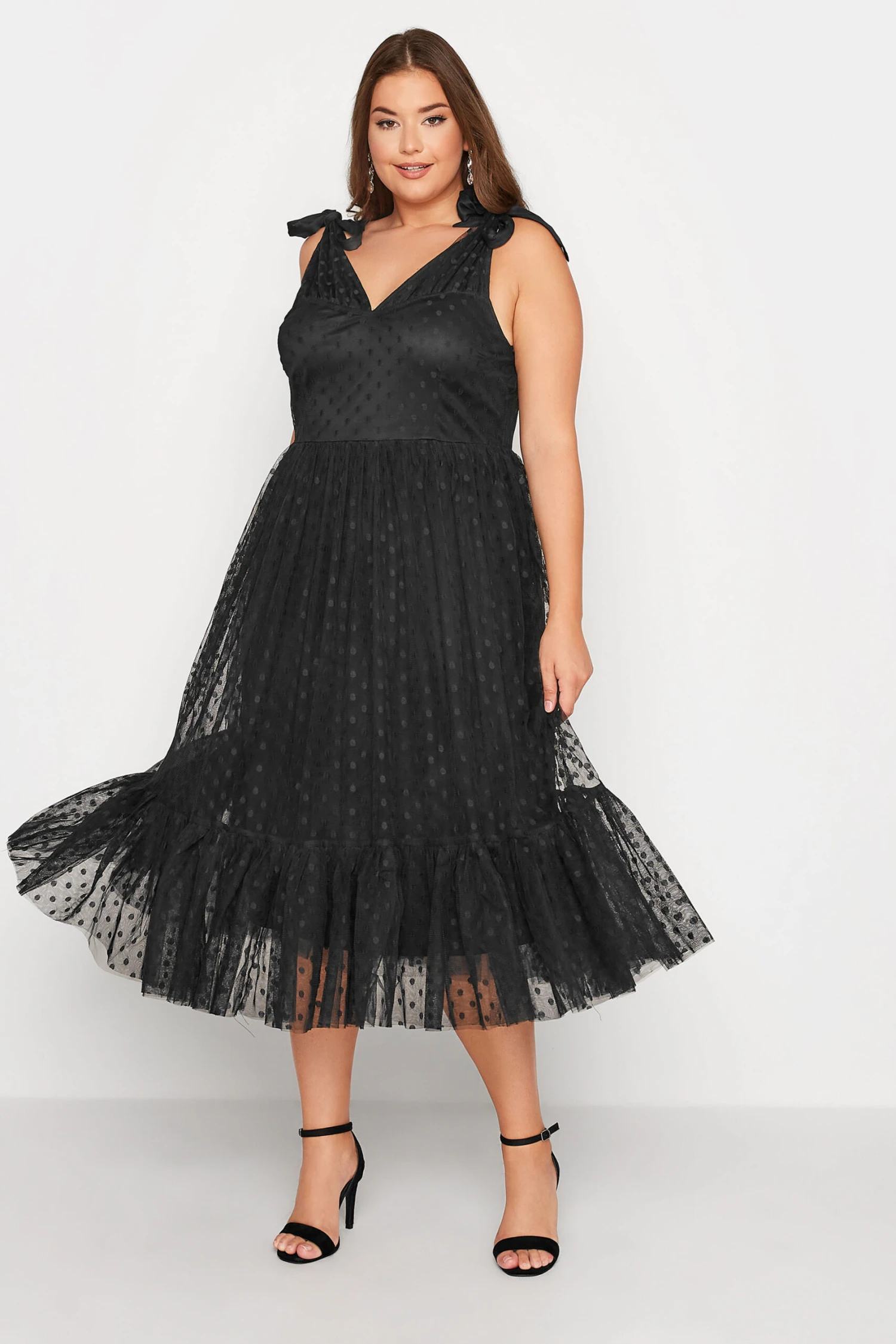 YOURS LONDON Curve Black Spot Mesh Tiered Dress 1 YOURS LONDON Curve Black Spot Mesh Tiered Dress
