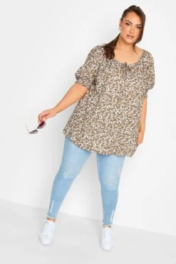 YOURS Curve Beige Brown Floral Print Gypsy Top