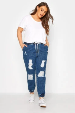 YOURS Curve Indigo Blue Ripped Jogger Jeans