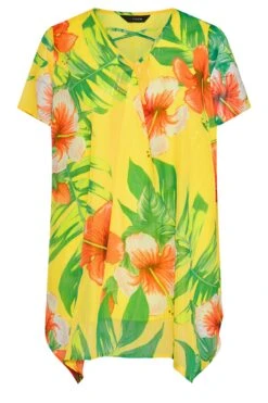 YOURS Curve Yellow Tropical Print Cross Front Top -Saga Dresses Shop 37e4e561 8ccf 40 300792 X