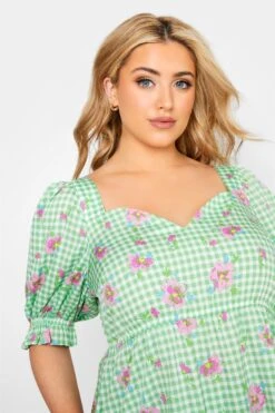 LIMITED COLLECTION Curve Green Gingham Floral Puff Sleeve Peplum Top -Saga Dresses Shop 38a0dc06 86af 45 214366 D