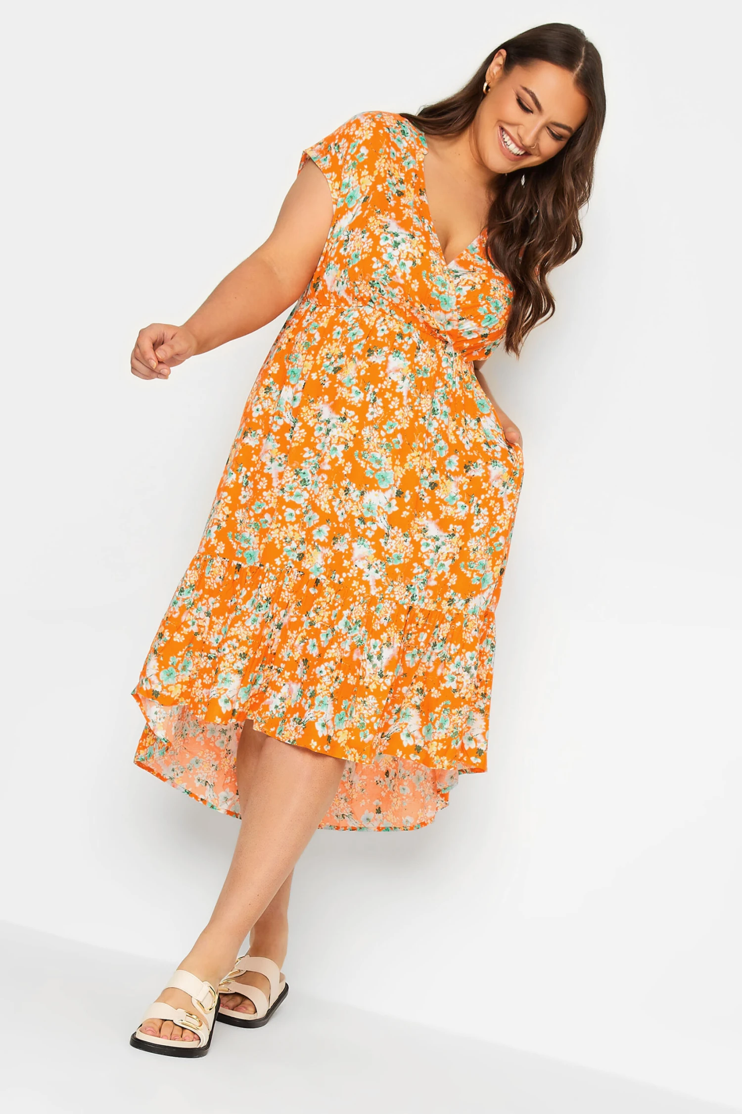 YOURS Curve Orange Floral Print High Low Wrap Dress 1 YOURS Curve Orange Floral Print High Low Wrap Dress