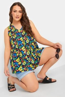 YOURS Curve Black & Yellow Floral Print Pleat Front Vest Top